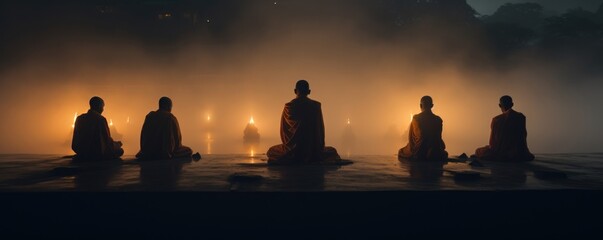 A group of Malaysian monks dressed in dark orange robes meditating in the early morning mist. The mist wraps around them like a blanket lending a quiet mysticism to the atmosphere. - obrazy, fototapety, plakaty