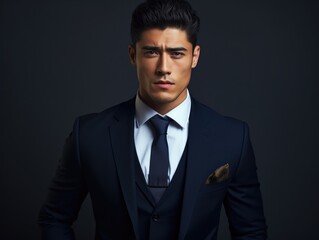 A CentralAsian man in a sharp tailored navy suit. His aura of sophistication is enhanced by his immaculately groomed hairstyle and structured features.