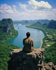 Fototapeta na wymiar A Thai man sitting at the peak of a limestone karst formation his arms dd to the side as he takes in the captivating view of the nearby bay. A majestic landscape that could only be