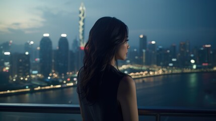 A Taiwanese woman stands poised at the edge of a bridge her gaze on the distant skyline. She looks to be taking in the citys views with a sense of awe savoring the experiences it provides.