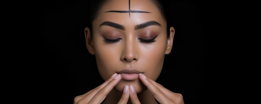 An elegant Thai woman painstakingly applies thin lines of kohl around her eyes with a steady hand accentuating the almond shape with dramatic flair.