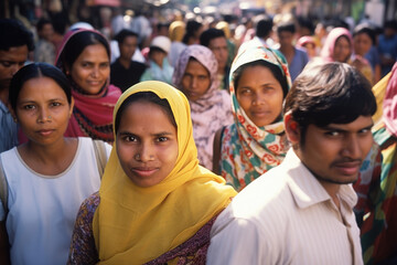 Fototapeta premium A wideangled portrait of a lively Asian street market with a variety of shoppers in brightly coloured traditional attire from various racial backgrounds flocking through the bustling