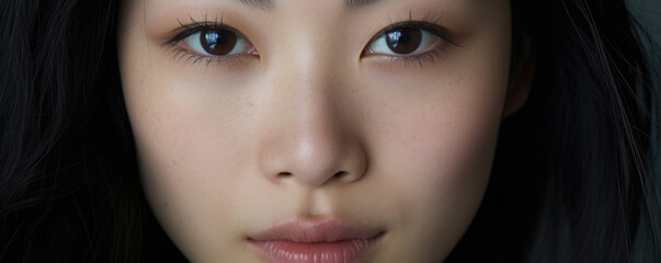 A closeup portrait of an Asian woman her face illuminated by a peaceful content smile. Her strong features stand out against her pale skin her bright eyes a window to her soul. Her