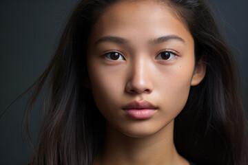 Obraz premium A fearless face of an Asian teenage girl looks straight at the camera with a gaze of determination and courage. Her skin is a glowing copper and her hair is slicked back slick showing