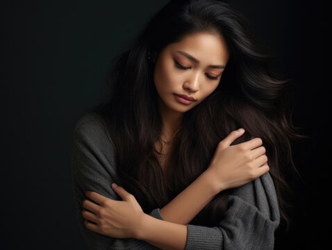 A Southeast Asian Woman With Her Arms Around Herself In A Comforting Embrace Showing That She Is Taking Care Of Her Own Needs First.