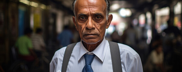 An Indian man in a sharp navy blue suit and crisp white shirt eyes intently stares into the camera showing a mastery of the art and science of management which has seen him become - obrazy, fototapety, plakaty