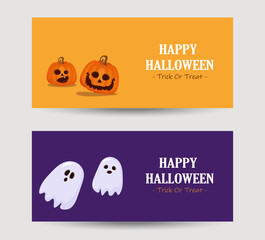 Set of Website Headers or Banner designs for Happy Halloween with ghosts and jack pumpkins. Vector illustration