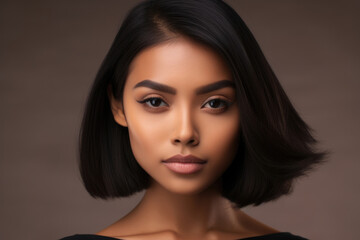 A stunningly gorgeous Malaysian woman with deep bronze skin and large almond eyes. Her smooth draw attention to her chic glossy black bob and dark lash line.