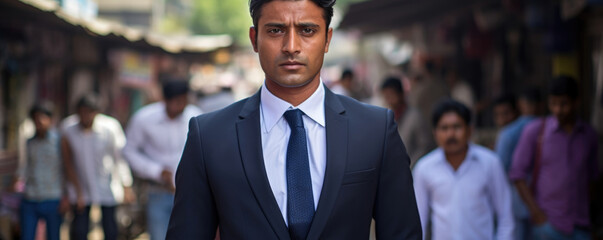An Indian man in a sharp navy blue suit and crisp white shirt eyes intently stares into the camera showing a mastery of the art and science of management which has seen him become - obrazy, fototapety, plakaty