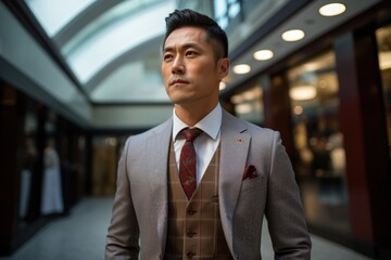 Fototapeta premium A Chinese man in a stylish threepiece suit looks off into the distance part of an emerging trend of modern fashion that draws inspiration from traditional Asian culture.