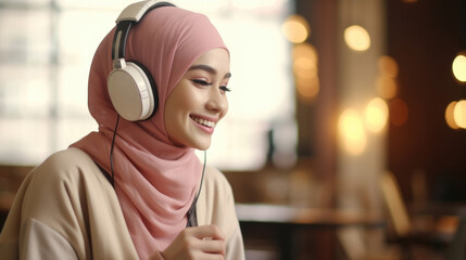 A South Korean woman with an eyecatching pink headscarf casually types away at her laptop working intently despite the cheerful music playing in the background. - obrazy, fototapety, plakaty