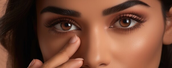 A pretty Indian woman carefully applies her favorite eyeliner tracing the almond shape of her eyes with a steady hand her features softened by the warm blush of makeup spread across