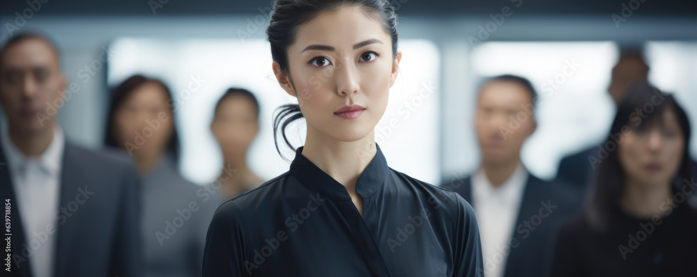 Wall mural a poised japanese woman stands confidently in front of a group of colleagues at a presentation her w