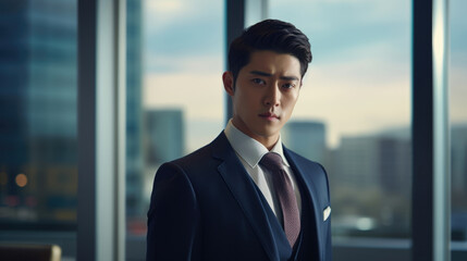 Fototapeta premium A Chinese business exeive looks out the window of a luxury office dressed in a sharp navy suit and yellow tie. His middleparted black locks are neatly slicked back and his eyes sparkle