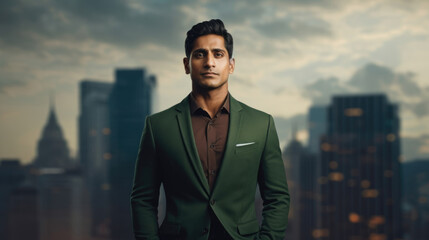 An Indian man looks off in the distance with his arms crossed a feeling of calm determination radiating off him. He s wearing a deep olive green blazer a contrast to the bright cityscape