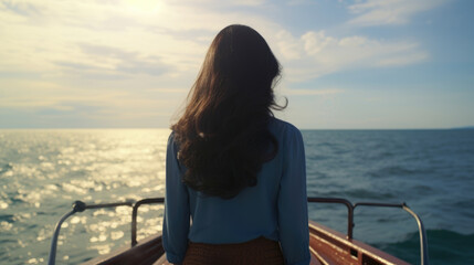 Fototapeta premium A Malaysian woman stands on the bow of a boat her gaze fixed on the horizon as a serene ocean breeze ruffles her hair. The vast azure ocean stretching as far as the eye can see filling