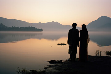 An Indian couple stands on the shore of a placid lake the mist rising gently from the water s surface. His dark hair and her saffron sari reflect in the still water while the mountains