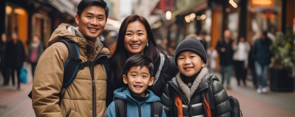 An Asian family smile for the camera as they walk down a busy street. Wrapped in comfortable clothing the mother holds her sons hand as they travel together to explore a new country