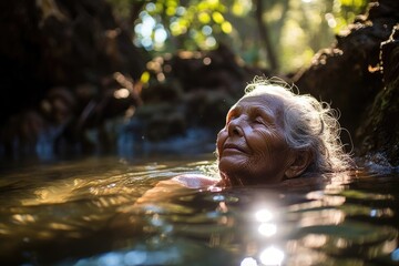 An elderly Cambodian woman bathes in a river of crystal blue water her weathered form rejuvenated with each cleansing breath. The suns rays gleam off the surrounding hills and trees