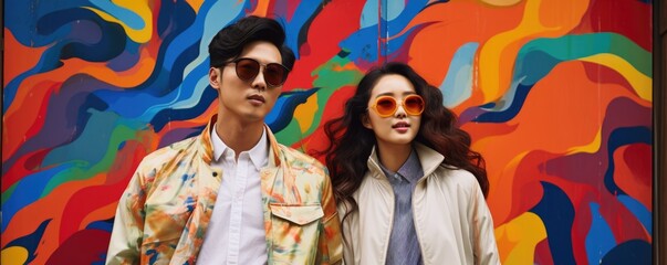A Korean man and woman pose together in front of a vibrant painting that adorns the side of a building. Their outfits are fiercely fashionable spurting with bright designs and combinations