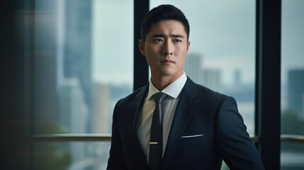 Fototapeta premium A Chinese business exeive looks out the window of a luxury office dressed in a sharp navy suit and yellow tie. His middleparted black locks are neatly slicked back and his eyes sparkle