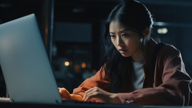 A determined Asian woman works away at her computer a flurry of motion and intense concentration. She works with incredible focus each keystroke serving as a testament to her determination