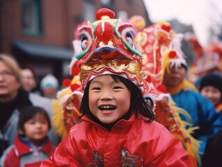 Fototapeta premium A Chinese New Year parade bustles ahead a small Asian girl standing on her fathers shoulders to keep up with the crowd while a large mask of a dragon dances around her head held in