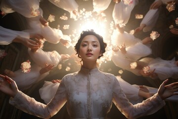 A woman of Korean descent standing defiantly with her arms crossed surrounded by a shining halo of diverse Asian faces expressing the power of their unified culture.