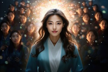 A woman of Korean descent standing defiantly with her arms crossed surrounded by a shining halo of diverse Asian faces expressing the power of their unified culture.
