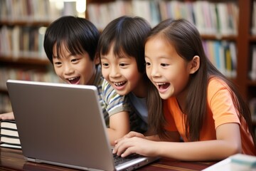 Three Asian students huddle together the eldest gesturing excitedly as his friends look on in curiosity around a laptop in the library.