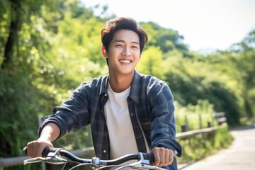 Obraz premium A young Thai man on a bicycle taking a break from the hectic city life his face beaming with contentment.