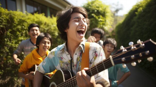 Five teenage boys of different backgrounds all laughing and bopping along to their music. In the center of the shot a SouthAsian kid in a flowery shirt strums away on a guitar. Two