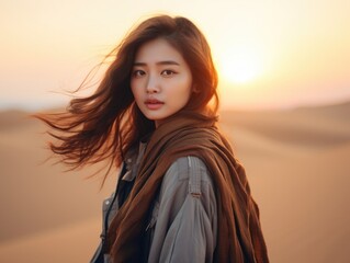 An adventurous Chinese girl stands atop a sand dune the sun setting in the background. her eyes scanning the horizon with a look of exploration.