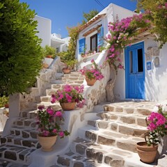 Fototapeta na wymiar Stone steps to traditional house in Greece