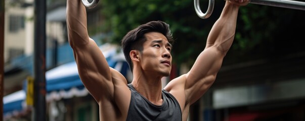 A tall strong Asian man demonstrating his muscular arms and torso as he performs pullups on a bar sweat dripping and concentration across his forehead as he exerts himself.