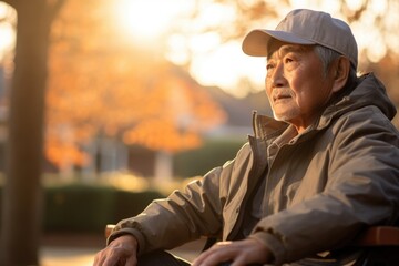 An older Asian man sits alone on a park bench looking out at the sunset. His lined face and weary expression hint at years of experience the effects of time marked in the stoop of