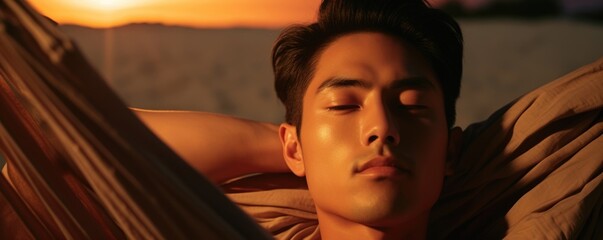 An Asian man lies prone on a hammock basking in the glow of a summer s day. His youthful face is relaxed and a faint smile tugging at the corner of his lips speaks to his satisfaction