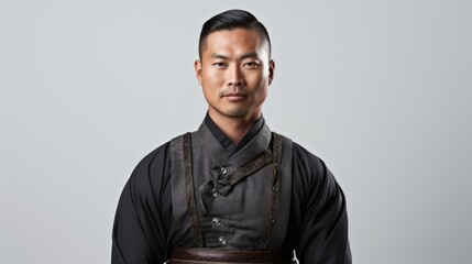 Obraz premium A strong and assertive Asian man stands against a white wall his arms crossed defiantly yet his warm brown eyes reflecting a deep and inviting sentimentality. His confident expression