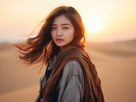 An adventurous Chinese girl stands atop a sand dune the sun setting in the background. her eyes scanning the horizon with a look of exploration.