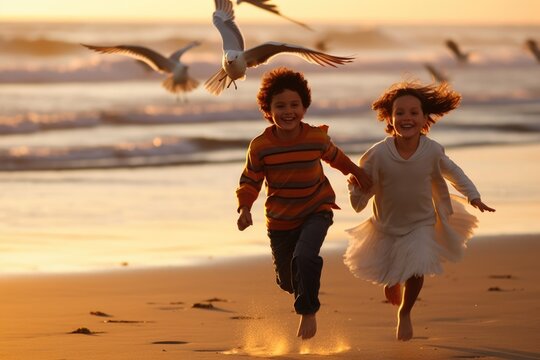 Two Asian children run across a warm sandy beach their carefree laughter echoing in the warm air as seagulls swoop above them. The sun casts a golden sheen across the shoreline providing - Powered by Adobe