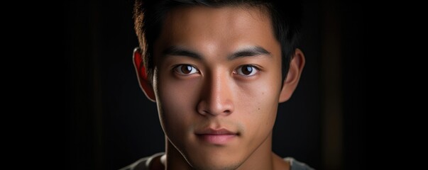 A young Asian man stands out from the background his eyes focused on soing unseen. He has a soft expression his halfsmile emphasizing his angular features. His deep brown eyes seem
