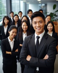 Fototapeta premium A diverse group of young Asian professionals gather within a modern office each person dressed in formal corporate attire standing ready to work together as a team.