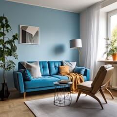 Studio apartment with blue sofa and chairs. Interior design of modern living room
