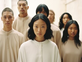 A group of Asian people congregate in the center of a whitewashed room the modest clothing and direct gaze of each person highlighting their devotion to minimalist values.