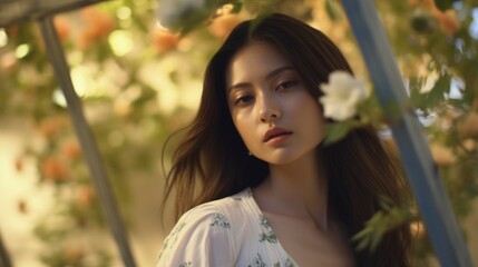 A mysterious and alluring Asian woman in a delicate white kimono stands in a garden of bright and exotic flora her soft features accentuating her delicate beauty.