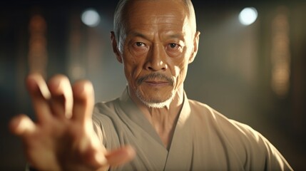 Fototapeta premium A closeup view of a fascinatingly ancient but powerful practice as evidenced by the determined face and sinuous body of a man practicing tai chi his movements testifying to the wisdom