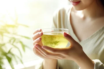 Deurstickers An Asian woman taking a moment to drink a hot green tea while enjoying each sip as a selfcare activity. © Justlight