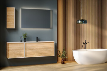 Comfortable bathtub and vanity with basin standing in modern bathroom with blue and wooden walls and wooden floor.Side View.