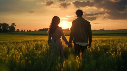 Photo of a couple holding hands in a picturesque field