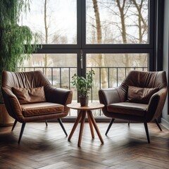 Two leather mid-century armchairs and wooden coffee table against of window. Interior design of modern living room